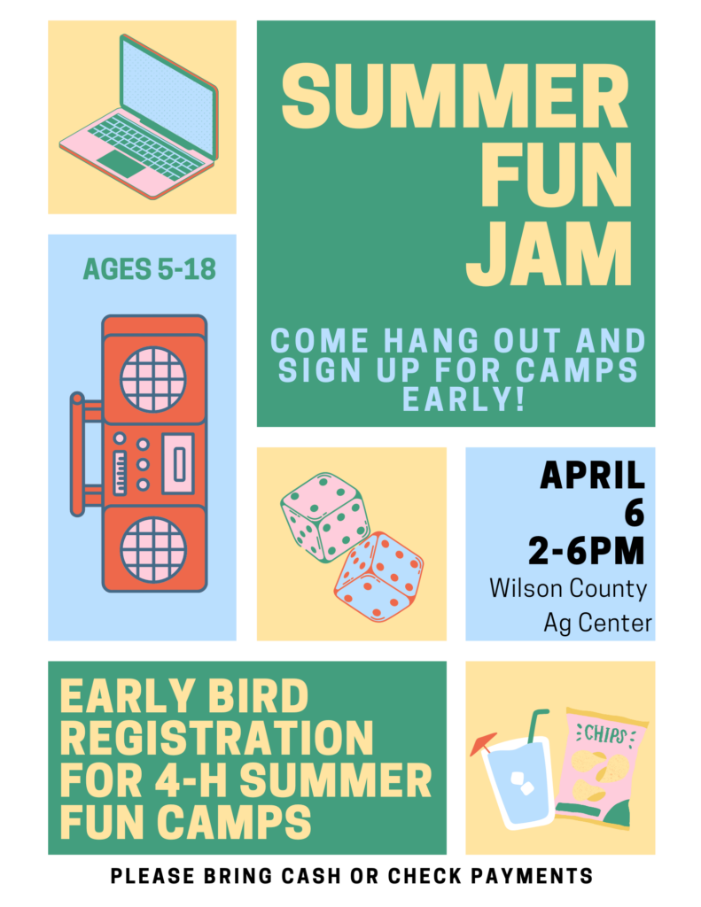 summer fun jam. come hang out and sign up for camps early. please bring cash or check payments.
